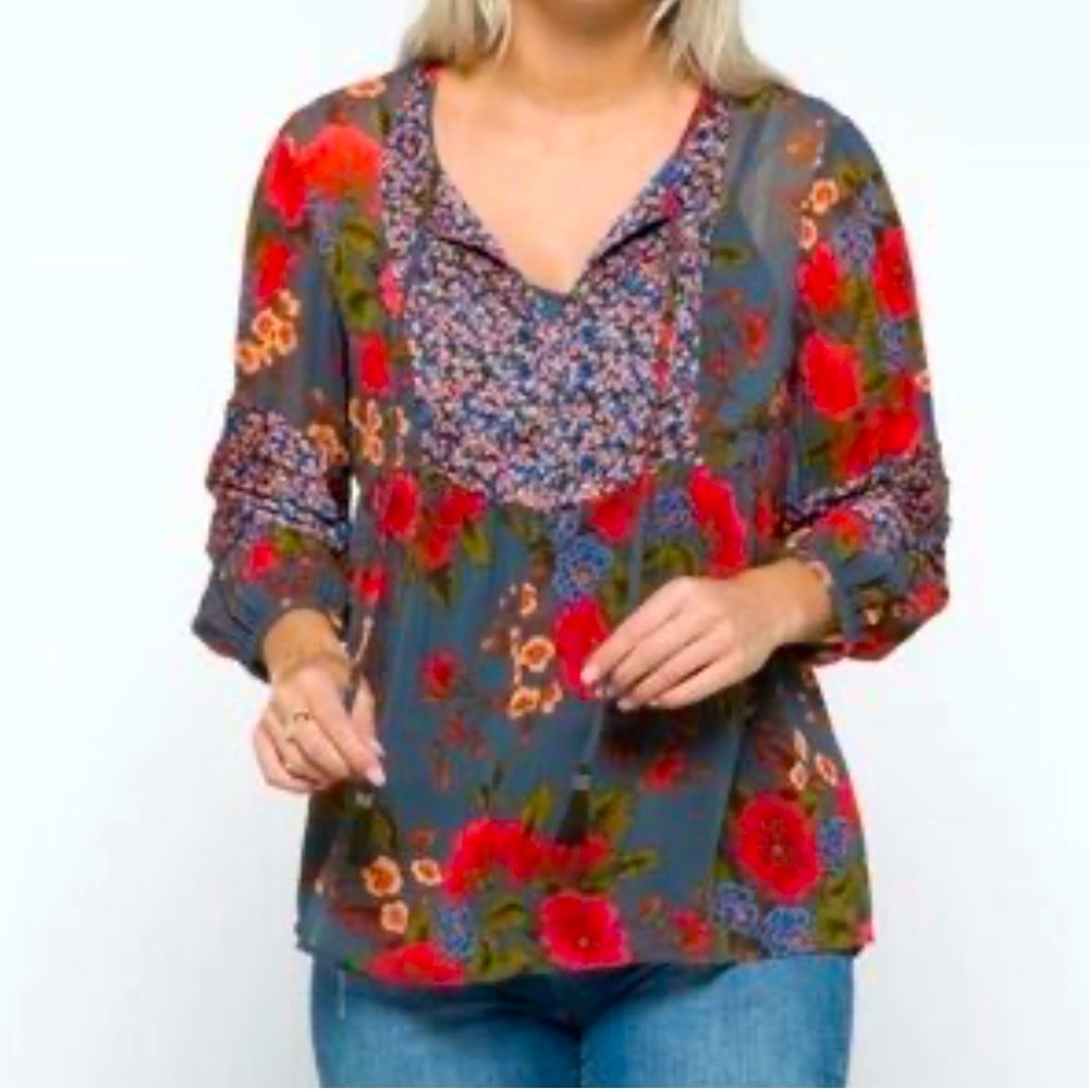 Daniel Rainn XXL Blue Floral Boho Peasant Blouse Sheer 3/4 Sleeve Tassel Tie